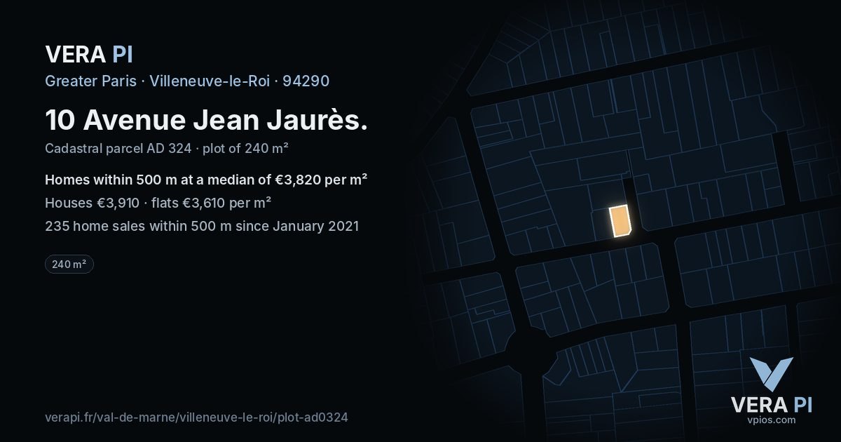 10 Avenue Jean Jaurès, Villeneuve-le-Roi at night – the plot lit, the parcels around coloured by the prices near them