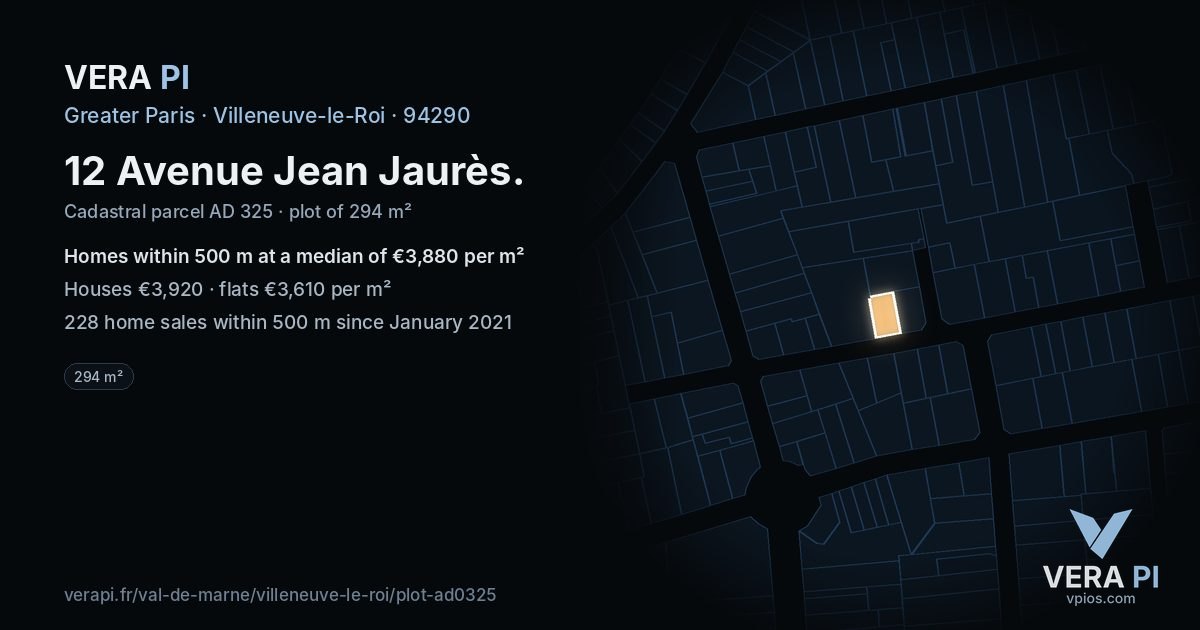 12 Avenue Jean Jaurès, Villeneuve-le-Roi at night – the plot lit, the parcels around coloured by the prices near them