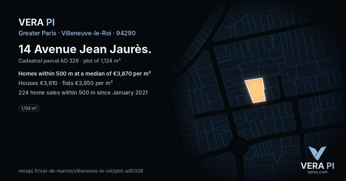 14 Avenue Jean Jaurès, Villeneuve-le-Roi at night – the plot lit, the parcels around coloured by the prices near them