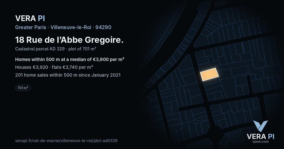 18 Rue de l’Abbe Gregoire, Villeneuve-le-Roi at night – the plot lit, the parcels around coloured by the prices near them