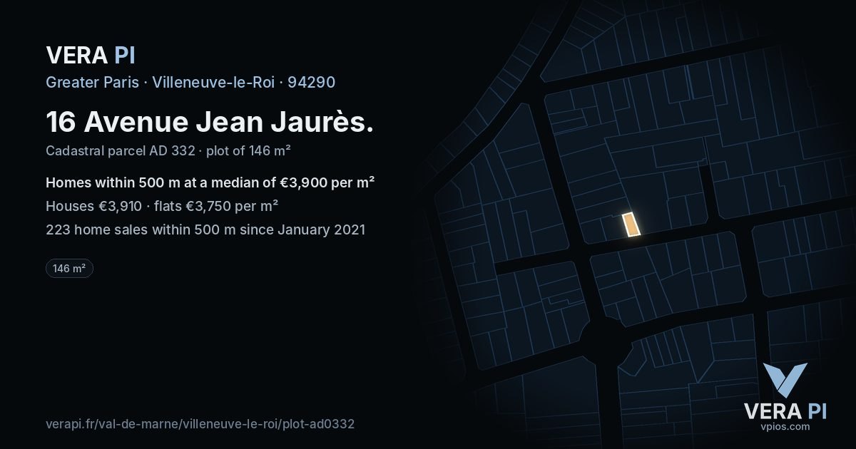 16 Avenue Jean Jaurès, Villeneuve-le-Roi at night – the plot lit, the parcels around coloured by the prices near them