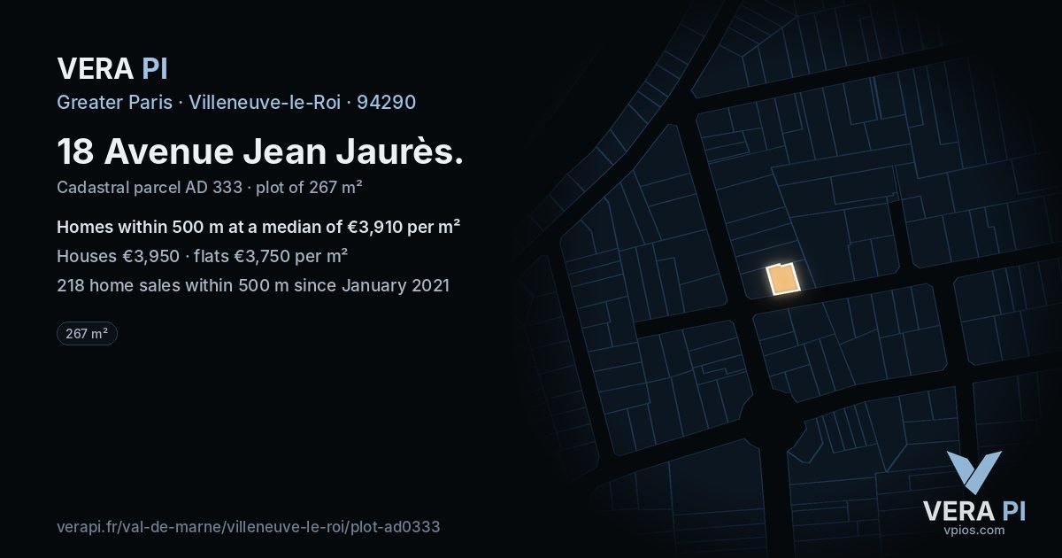 18 Avenue Jean Jaurès, Villeneuve-le-Roi at night – the plot lit, the parcels around coloured by the prices near them