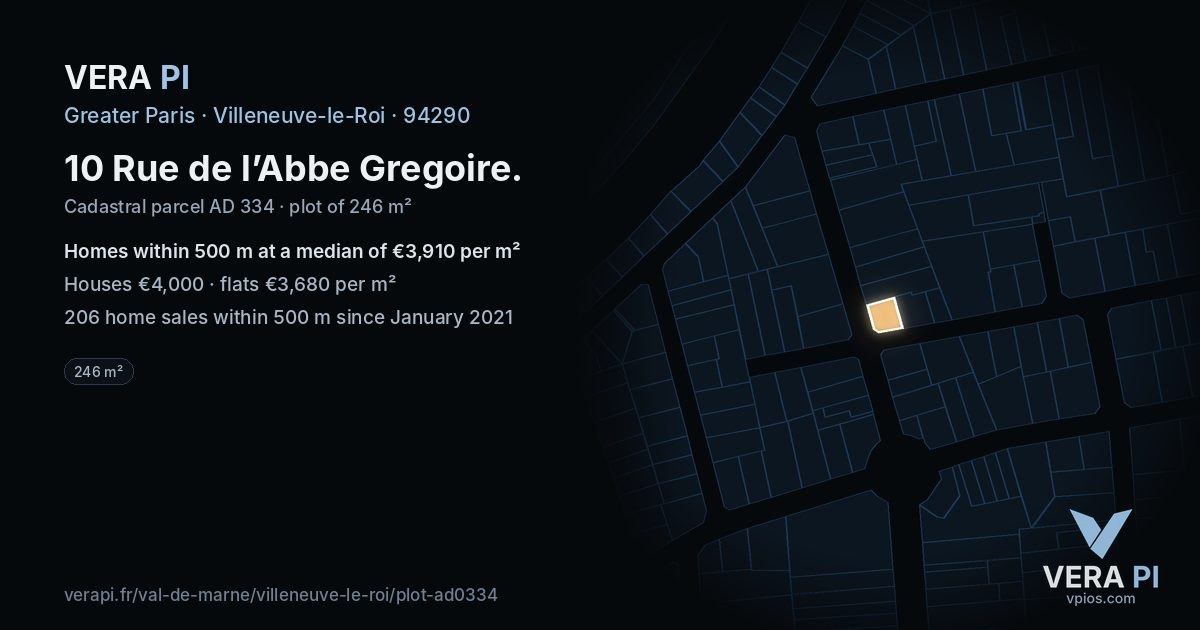 10 Rue de l’Abbe Gregoire, Villeneuve-le-Roi at night – the plot lit, the parcels around coloured by the prices near them