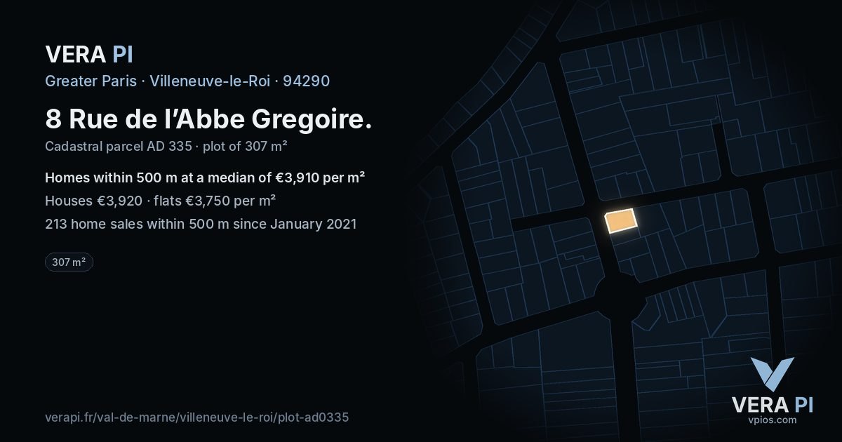 8 Rue de l’Abbe Gregoire, Villeneuve-le-Roi at night – the plot lit, the parcels around coloured by the prices near them