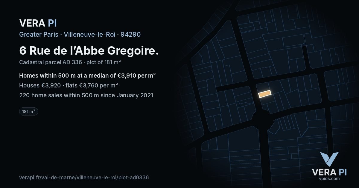 6 Rue de l’Abbe Gregoire, Villeneuve-le-Roi at night – the plot lit, the parcels around coloured by the prices near them