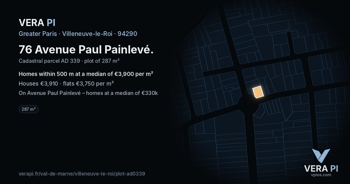 76 Avenue Paul Painlevé, Villeneuve-le-Roi at night – the plot lit, the parcels around coloured by the prices near them