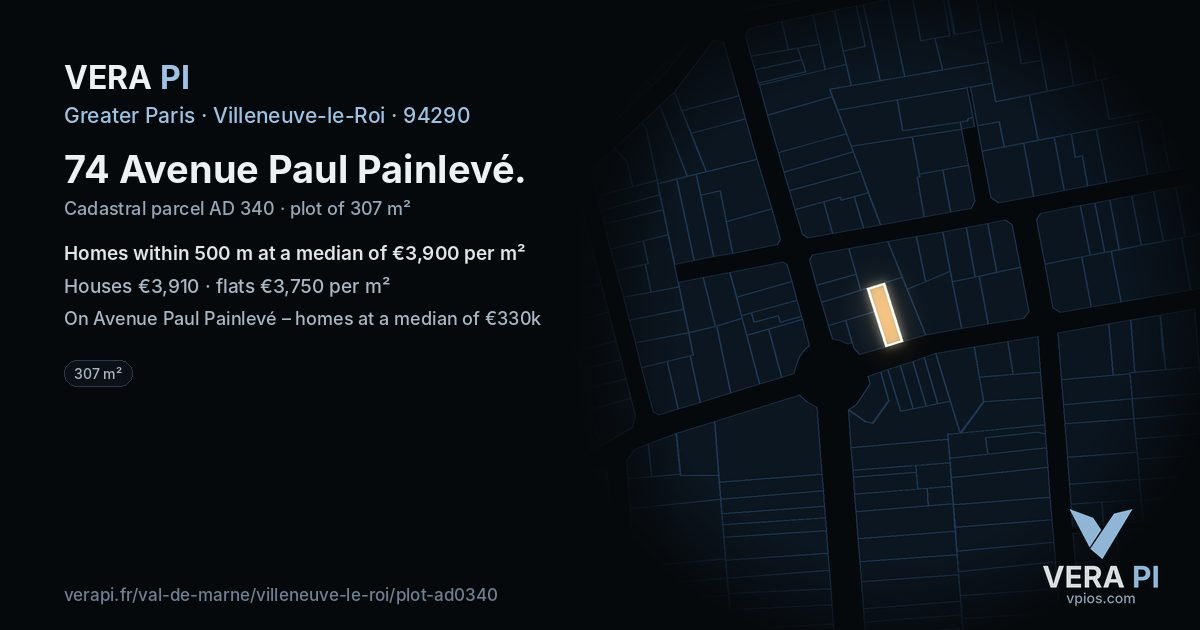74 Avenue Paul Painlevé, Villeneuve-le-Roi at night – the plot lit, the parcels around coloured by the prices near them