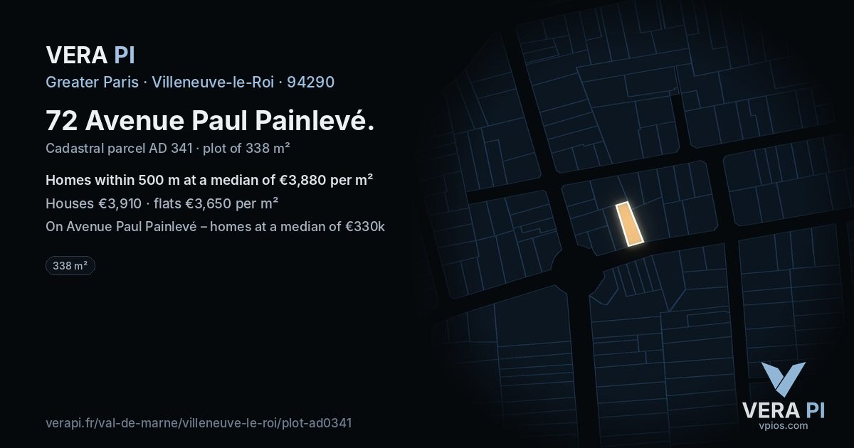 72 Avenue Paul Painlevé, Villeneuve-le-Roi at night – the plot lit, the parcels around coloured by the prices near them