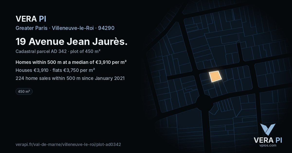 19 Avenue Jean Jaurès, Villeneuve-le-Roi at night – the plot lit, the parcels around coloured by the prices near them