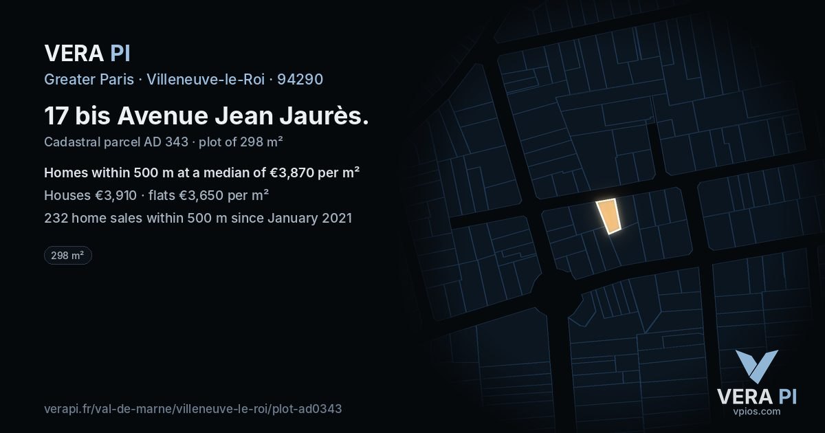 17 bis Avenue Jean Jaurès, Villeneuve-le-Roi at night – the plot lit, the parcels around coloured by the prices near them