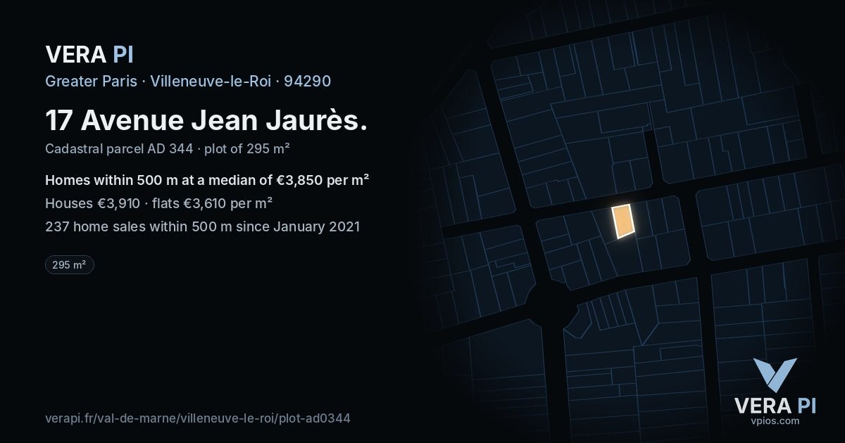 17 Avenue Jean Jaurès, Villeneuve-le-Roi at night – the plot lit, the parcels around coloured by the prices near them
