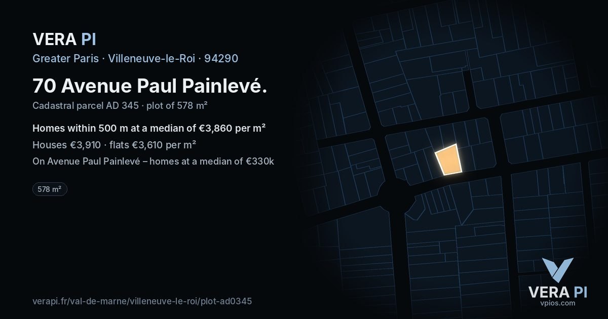 70 Avenue Paul Painlevé, Villeneuve-le-Roi at night – the plot lit, the parcels around coloured by the prices near them