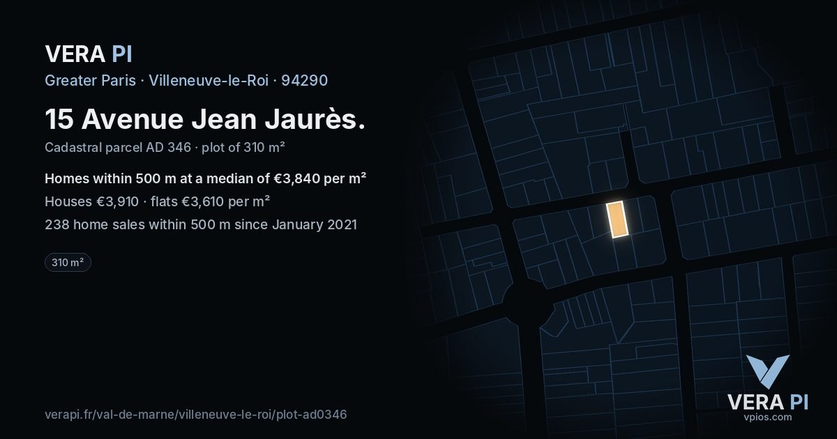 15 Avenue Jean Jaurès, Villeneuve-le-Roi at night – the plot lit, the parcels around coloured by the prices near them