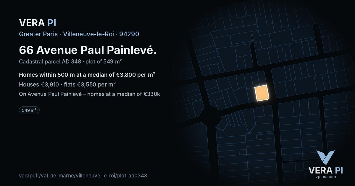 66 Avenue Paul Painlevé, Villeneuve-le-Roi at night – the plot lit, the parcels around coloured by the prices near them