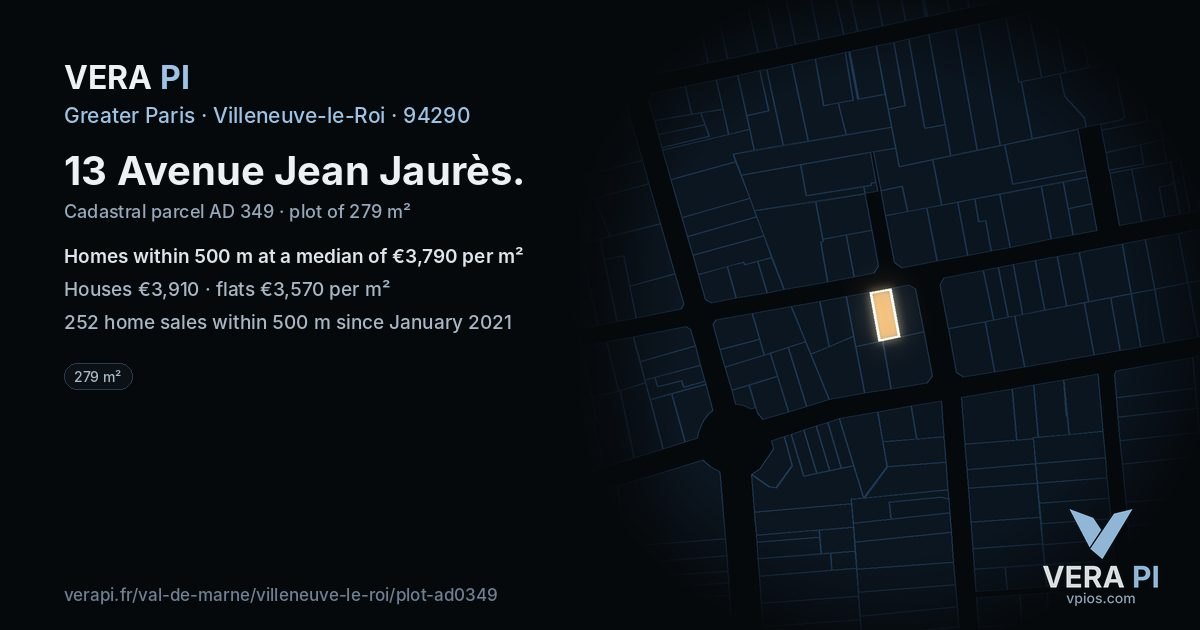 13 Avenue Jean Jaurès, Villeneuve-le-Roi at night – the plot lit, the parcels around coloured by the prices near them