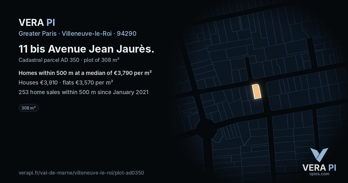 11 bis Avenue Jean Jaurès, Villeneuve-le-Roi at night – the plot lit, the parcels around coloured by the prices near them