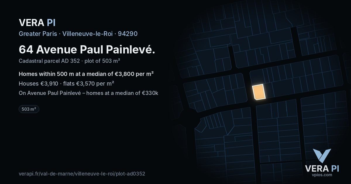64 Avenue Paul Painlevé, Villeneuve-le-Roi at night – the plot lit, the parcels around coloured by the prices near them
