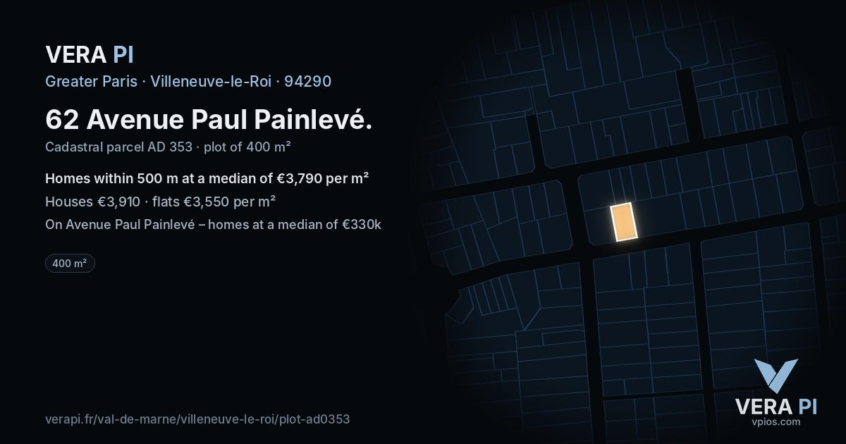 62 Avenue Paul Painlevé, Villeneuve-le-Roi at night – the plot lit, the parcels around coloured by the prices near them