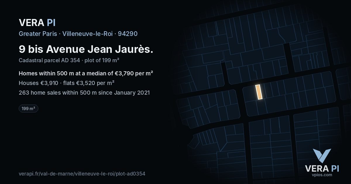 9 bis Avenue Jean Jaurès, Villeneuve-le-Roi at night – the plot lit, the parcels around coloured by the prices near them