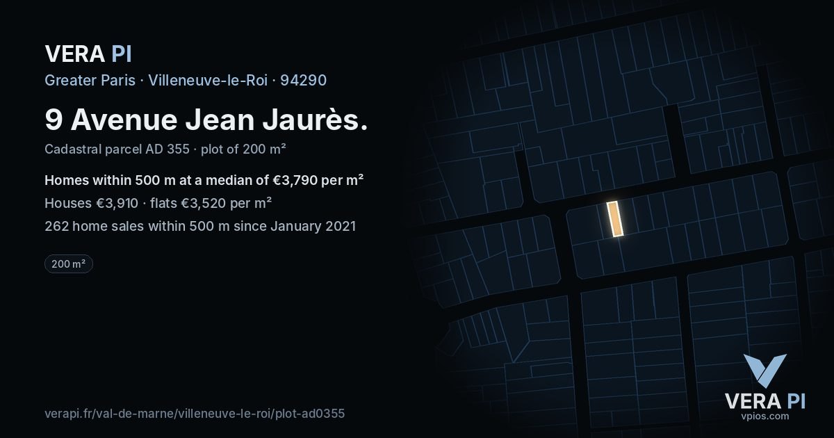 9 Avenue Jean Jaurès, Villeneuve-le-Roi at night – the plot lit, the parcels around coloured by the prices near them