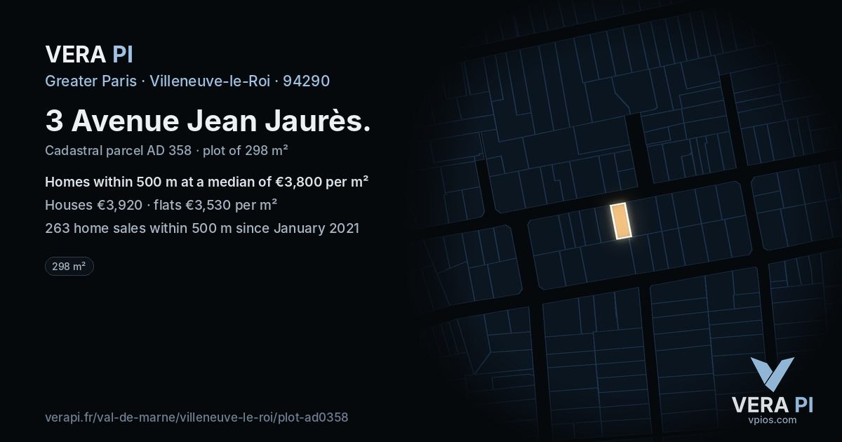 3 Avenue Jean Jaurès, Villeneuve-le-Roi at night – the plot lit, the parcels around coloured by the prices near them
