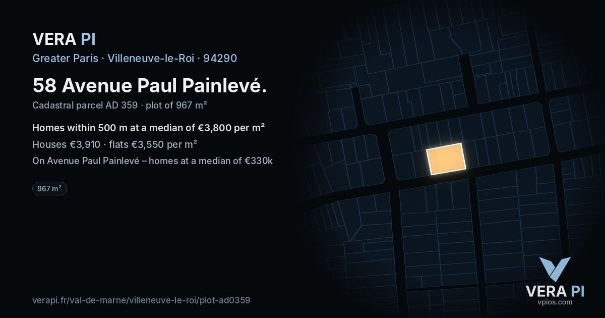 58 Avenue Paul Painlevé, Villeneuve-le-Roi at night – the plot lit, the parcels around coloured by the prices near them