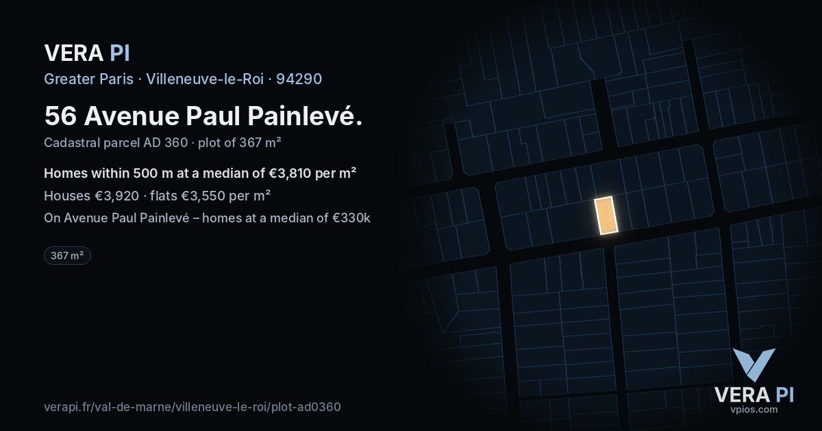 56 Avenue Paul Painlevé, Villeneuve-le-Roi at night – the plot lit, the parcels around coloured by the prices near them