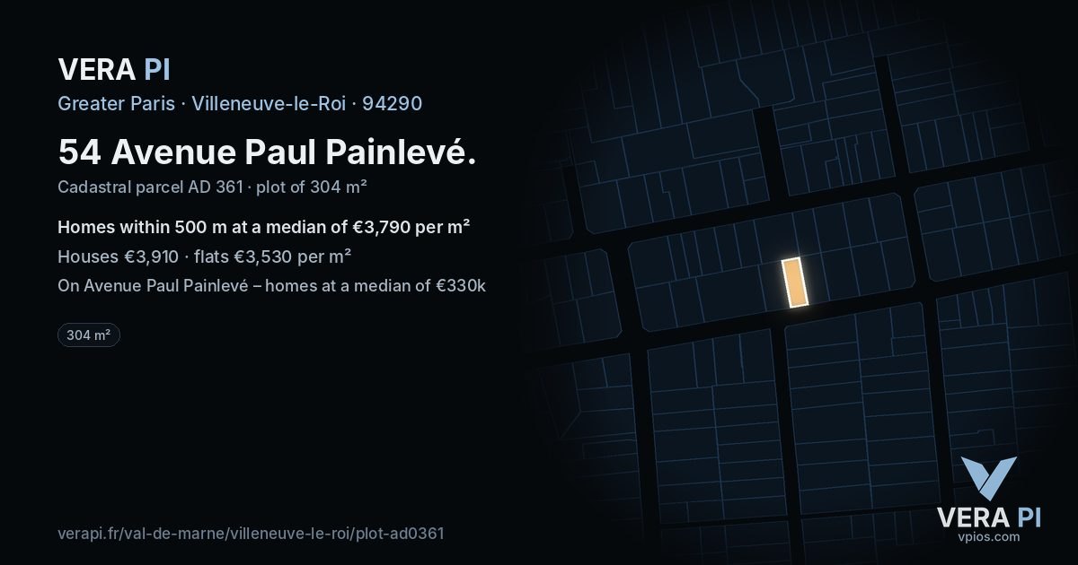 54 Avenue Paul Painlevé, Villeneuve-le-Roi at night – the plot lit, the parcels around coloured by the prices near them