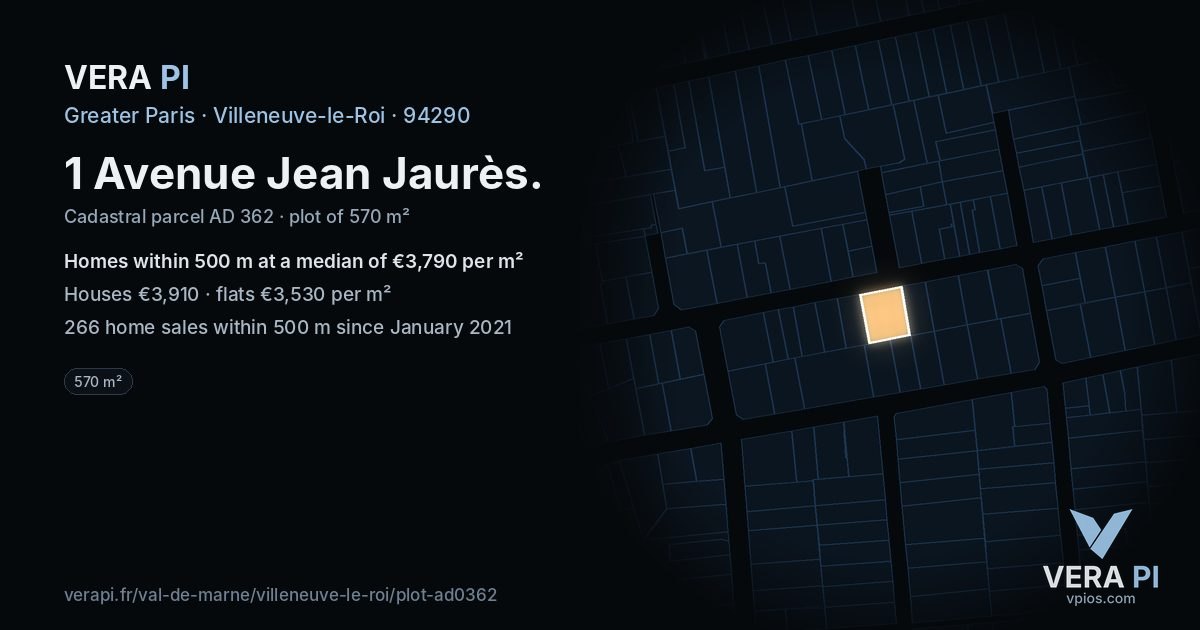 1 Avenue Jean Jaurès, Villeneuve-le-Roi at night – the plot lit, the parcels around coloured by the prices near them