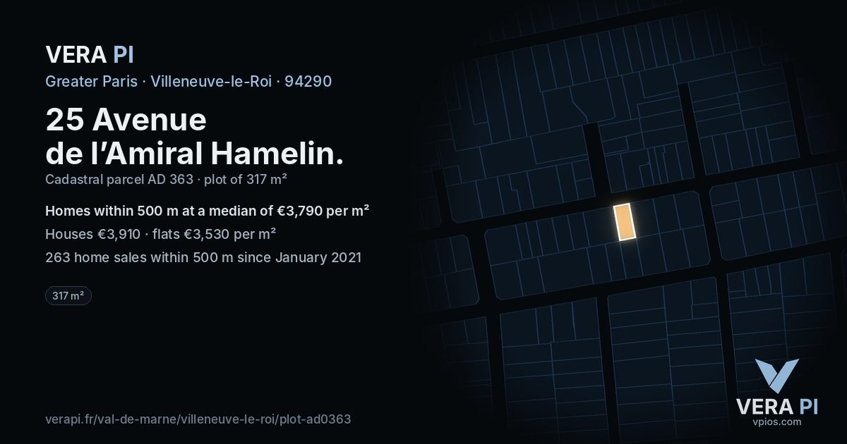 25 Avenue de l’Amiral Hamelin, Villeneuve-le-Roi at night – the plot lit, the parcels around coloured by the prices near them