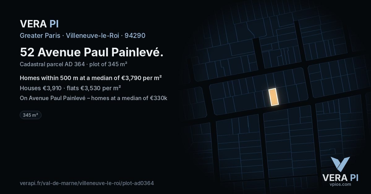 52 Avenue Paul Painlevé, Villeneuve-le-Roi at night – the plot lit, the parcels around coloured by the prices near them