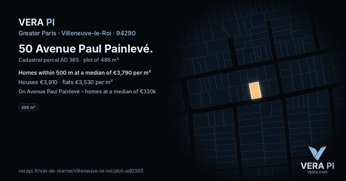 50 Avenue Paul Painlevé, Villeneuve-le-Roi at night – the plot lit, the parcels around coloured by the prices near them