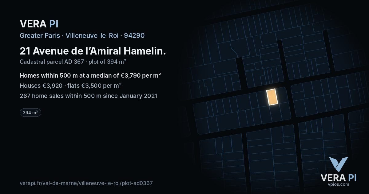 21 Avenue de l’Amiral Hamelin, Villeneuve-le-Roi at night – the plot lit, the parcels around coloured by the prices near them