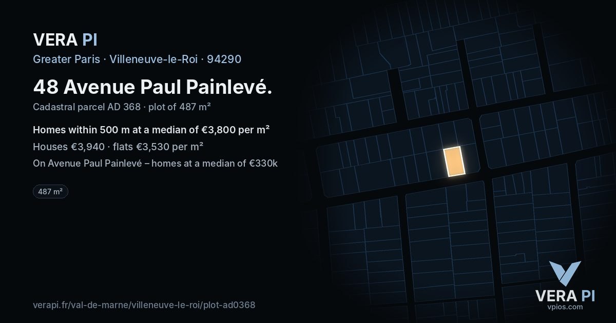 48 Avenue Paul Painlevé, Villeneuve-le-Roi at night – the plot lit, the parcels around coloured by the prices near them