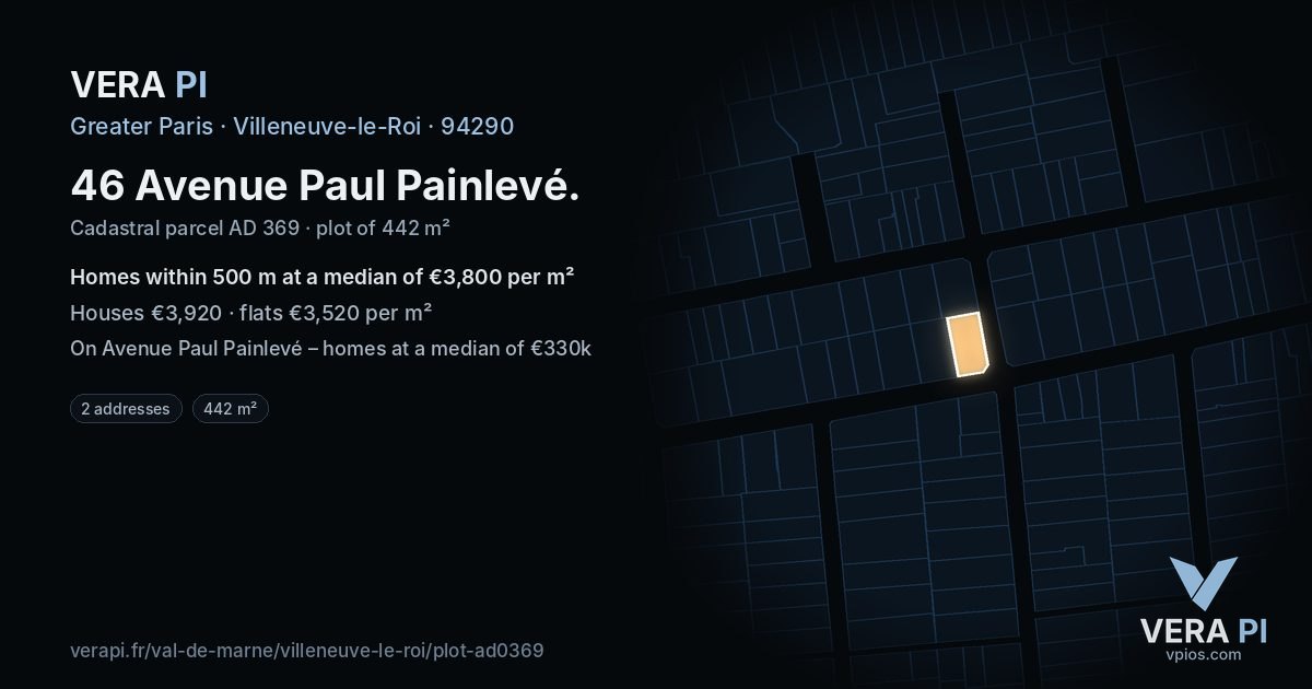 46 Avenue Paul Painlevé, Villeneuve-le-Roi at night – the plot lit, the parcels around coloured by the prices near them