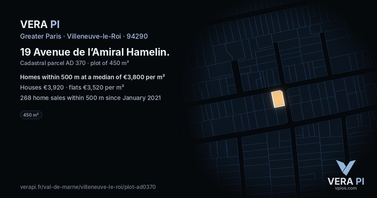 19 Avenue de l’Amiral Hamelin, Villeneuve-le-Roi at night – the plot lit, the parcels around coloured by the prices near them