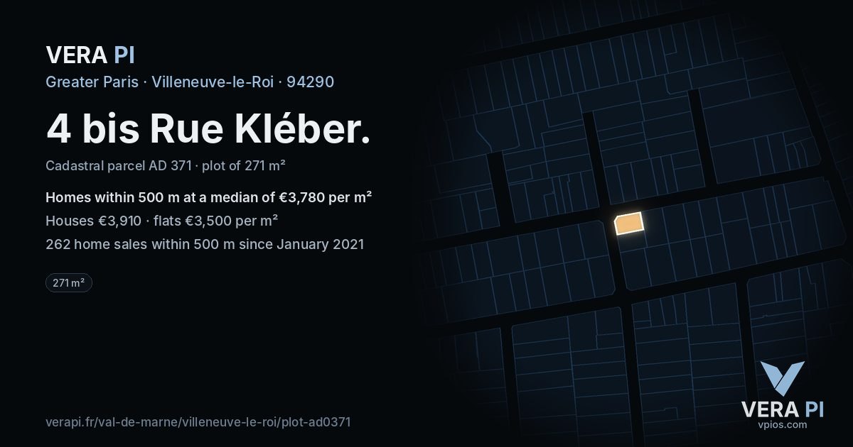 4 bis Rue Kléber, Villeneuve-le-Roi at night – the plot lit, the parcels around coloured by the prices near them