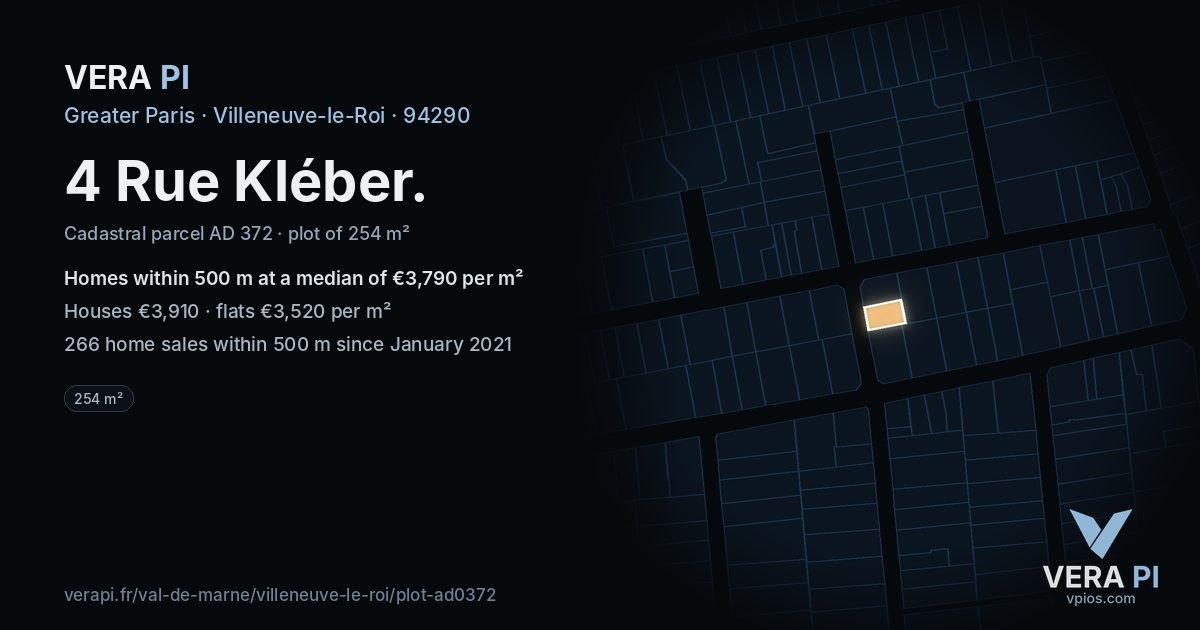 4 Rue Kléber, Villeneuve-le-Roi at night – the plot lit, the parcels around coloured by the prices near them