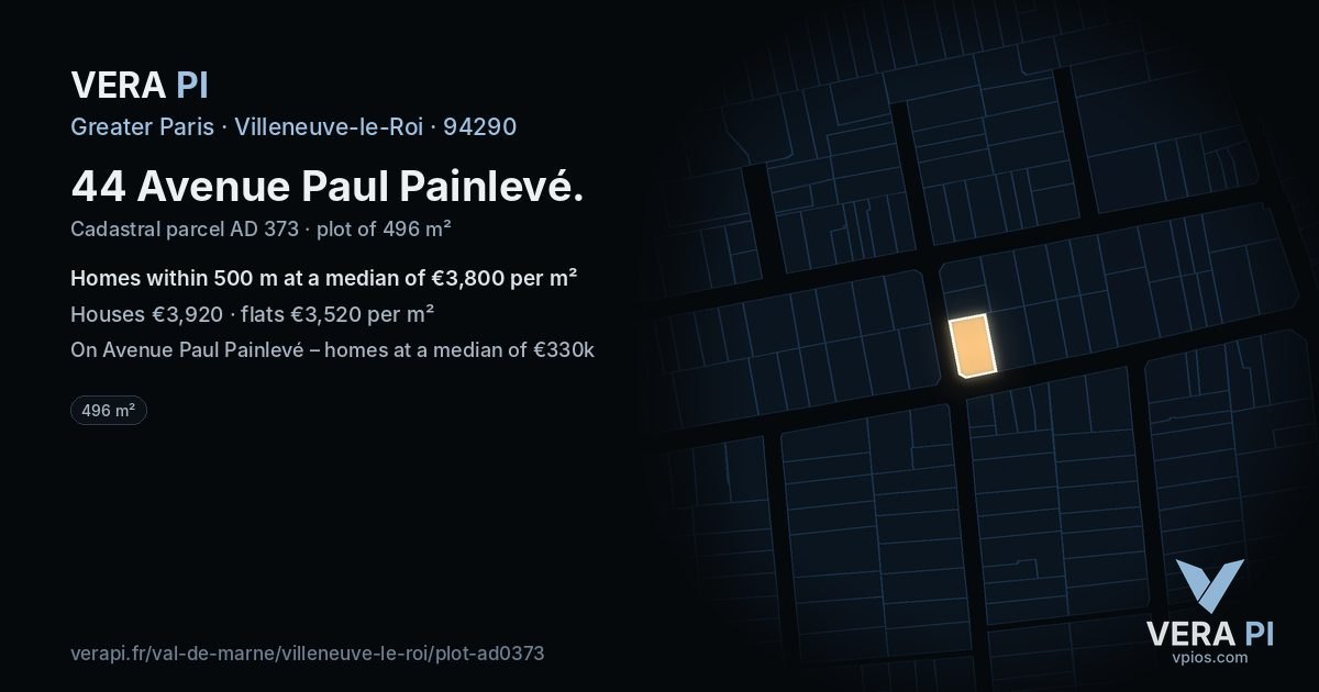 44 Avenue Paul Painlevé, Villeneuve-le-Roi at night – the plot lit, the parcels around coloured by the prices near them
