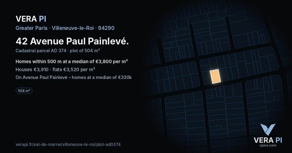 42 Avenue Paul Painlevé, Villeneuve-le-Roi at night – the plot lit, the parcels around coloured by the prices near them