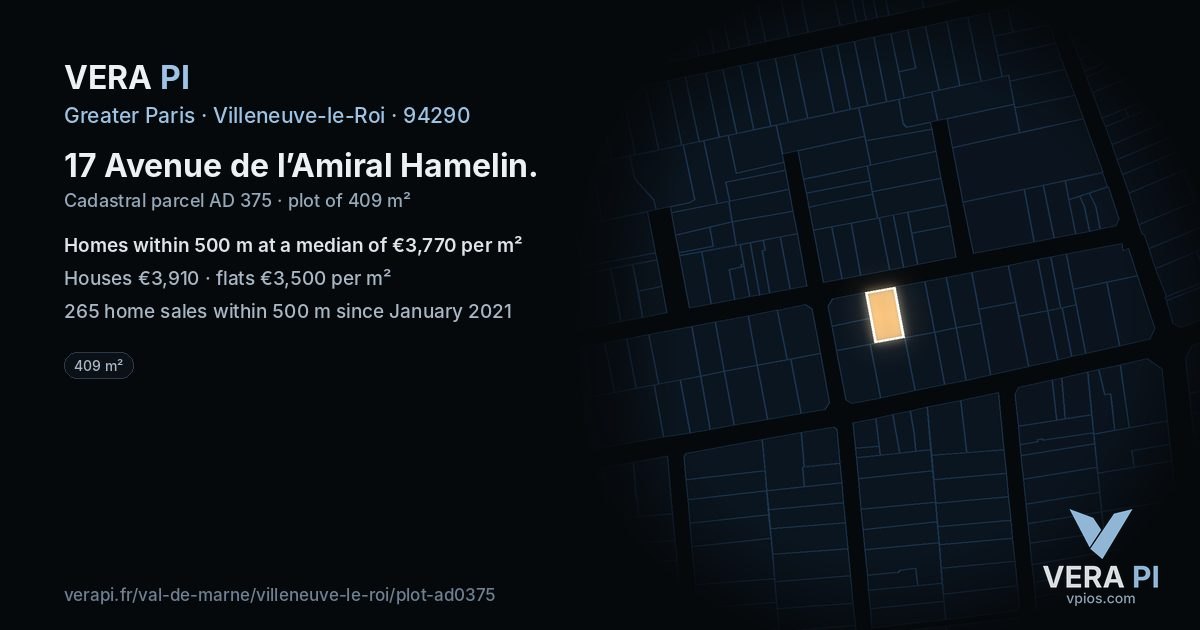 17 Avenue de l’Amiral Hamelin, Villeneuve-le-Roi at night – the plot lit, the parcels around coloured by the prices near them