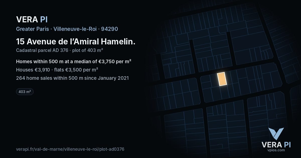 15 Avenue de l’Amiral Hamelin, Villeneuve-le-Roi at night – the plot lit, the parcels around coloured by the prices near them