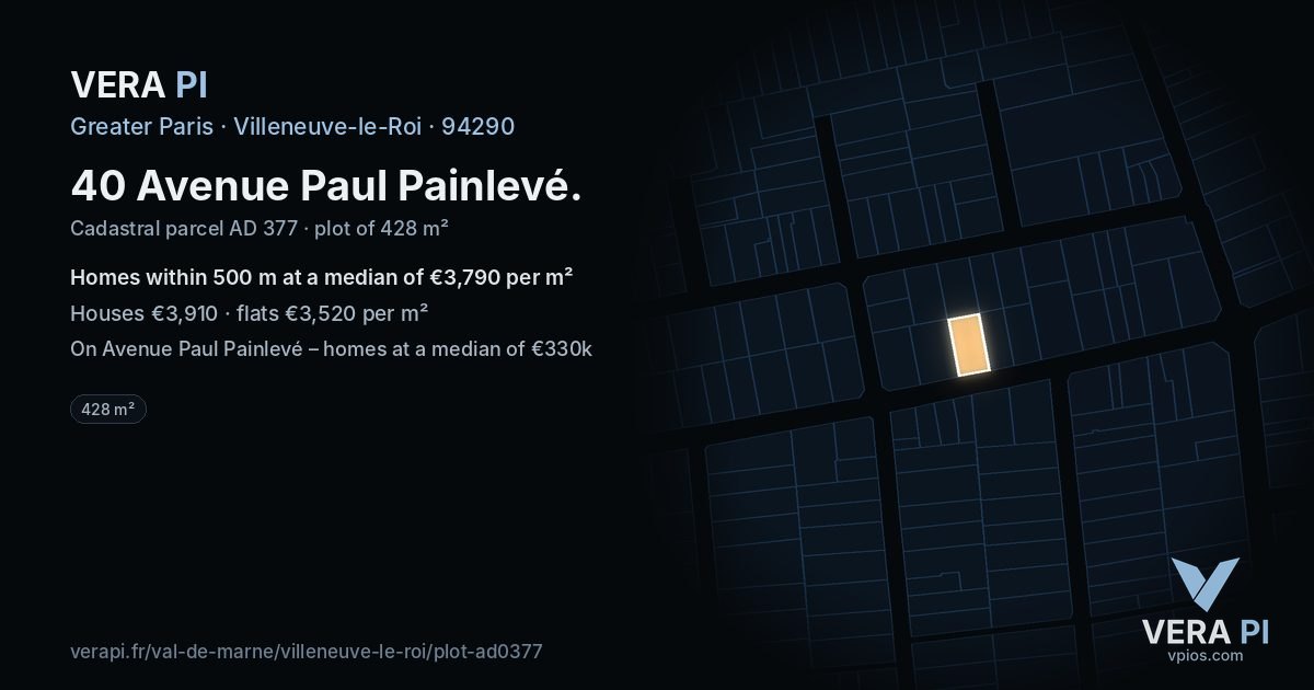 40 Avenue Paul Painlevé, Villeneuve-le-Roi at night – the plot lit, the parcels around coloured by the prices near them