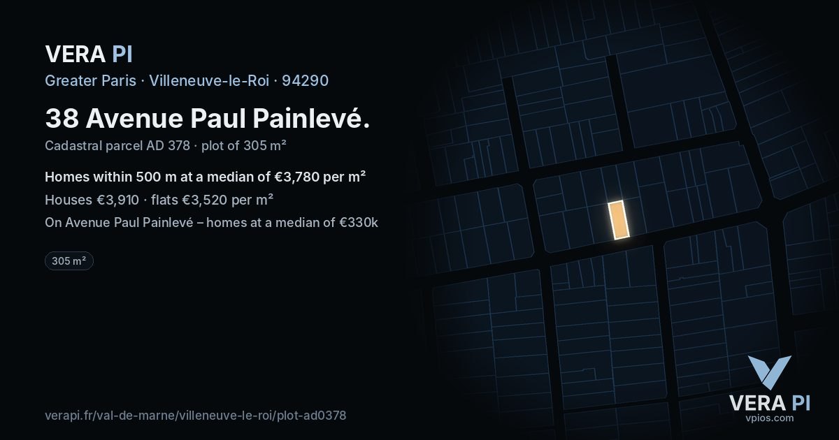 38 Avenue Paul Painlevé, Villeneuve-le-Roi at night – the plot lit, the parcels around coloured by the prices near them
