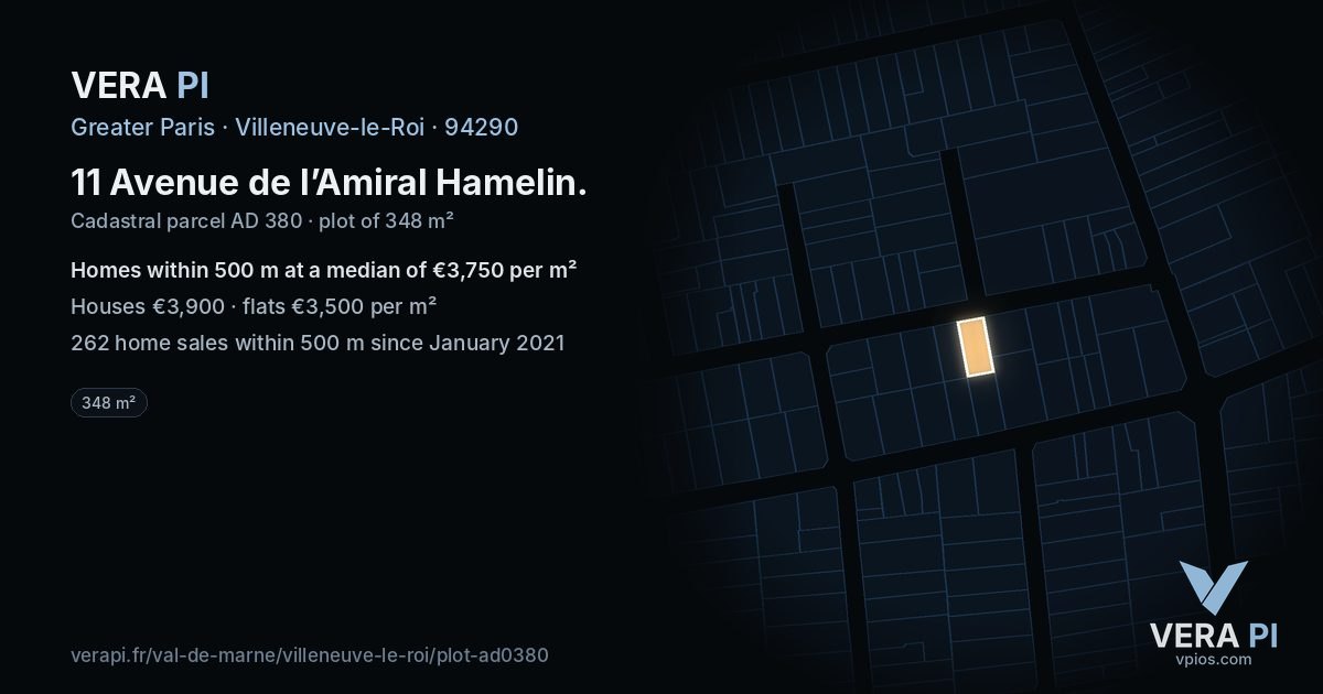11 Avenue de l’Amiral Hamelin, Villeneuve-le-Roi at night – the plot lit, the parcels around coloured by the prices near them