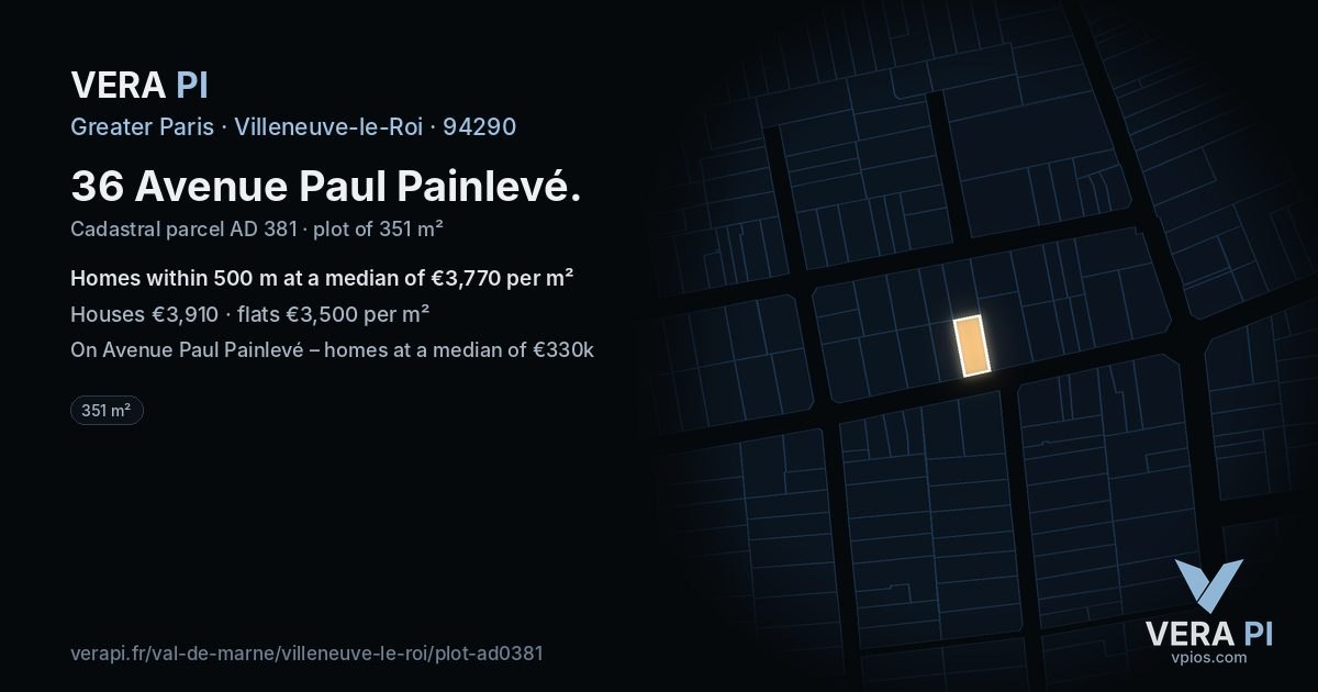 36 Avenue Paul Painlevé, Villeneuve-le-Roi at night – the plot lit, the parcels around coloured by the prices near them