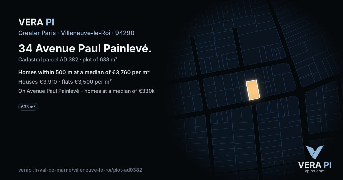 34 Avenue Paul Painlevé, Villeneuve-le-Roi at night – the plot lit, the parcels around coloured by the prices near them