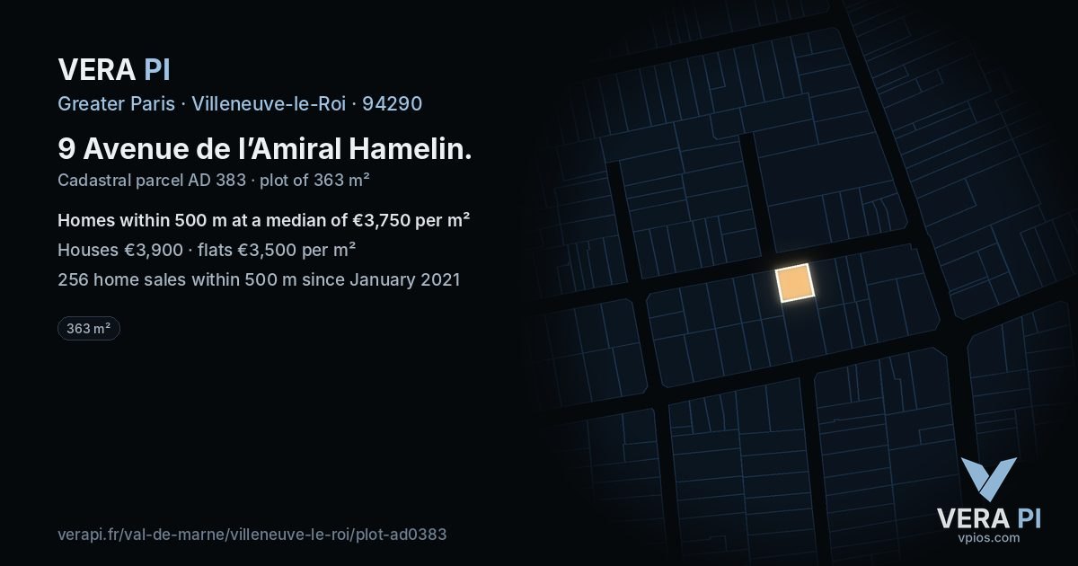 9 Avenue de l’Amiral Hamelin, Villeneuve-le-Roi at night – the plot lit, the parcels around coloured by the prices near them