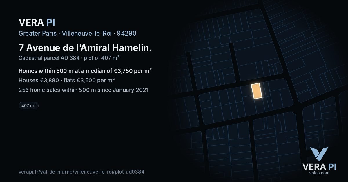 7 Avenue de l’Amiral Hamelin, Villeneuve-le-Roi at night – the plot lit, the parcels around coloured by the prices near them