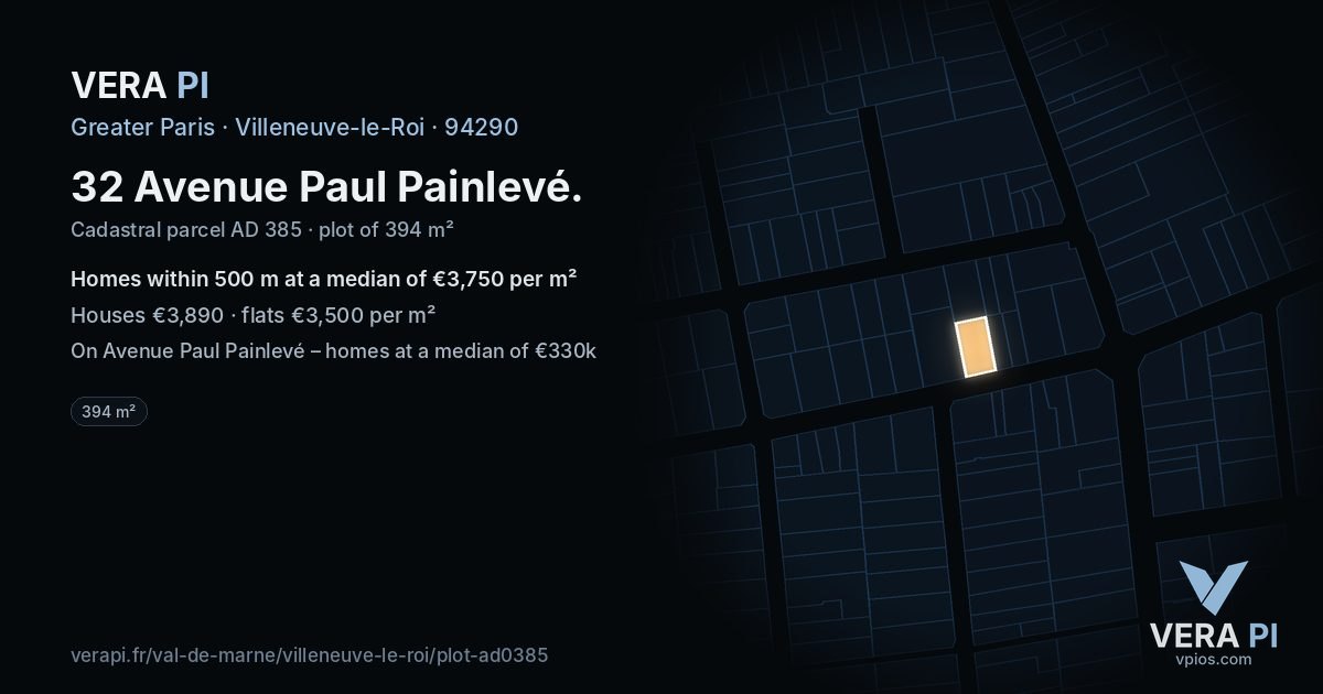 32 Avenue Paul Painlevé, Villeneuve-le-Roi at night – the plot lit, the parcels around coloured by the prices near them